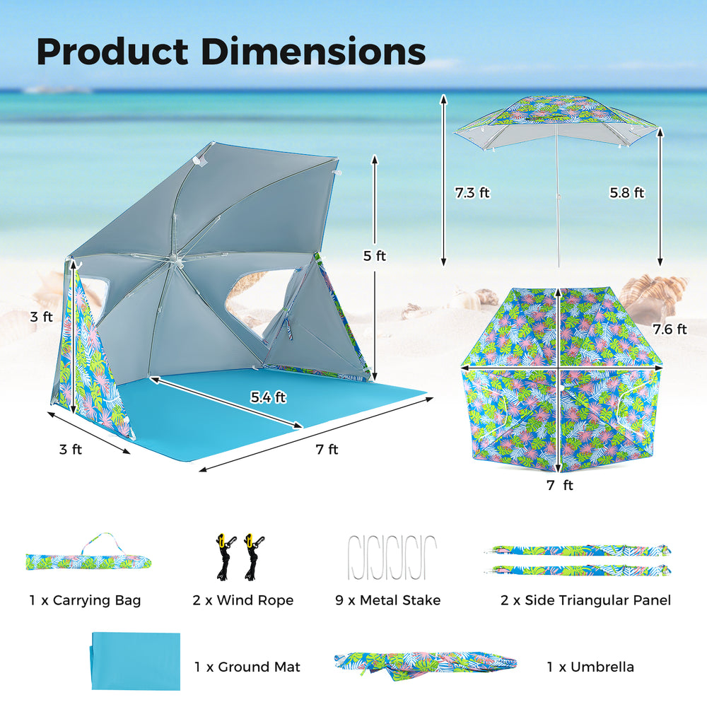 Portable UPF50+ beach umbrella tent in blue, measuring 7.6 x 7 ft, with carrying bag for easy transport and setup.