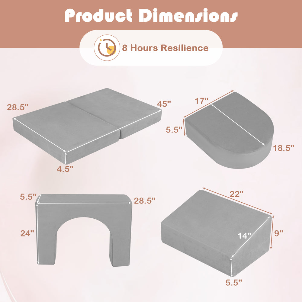 Product dimensions of the 8-piece modular kids play couch in gray, showcasing sizes for flexible configurations and.