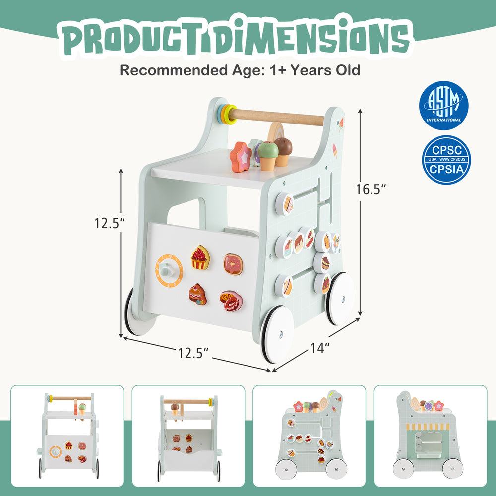 Light green 2-in-1 baby walker with storage and ice creams, designed for cognitive development and imaginative play.