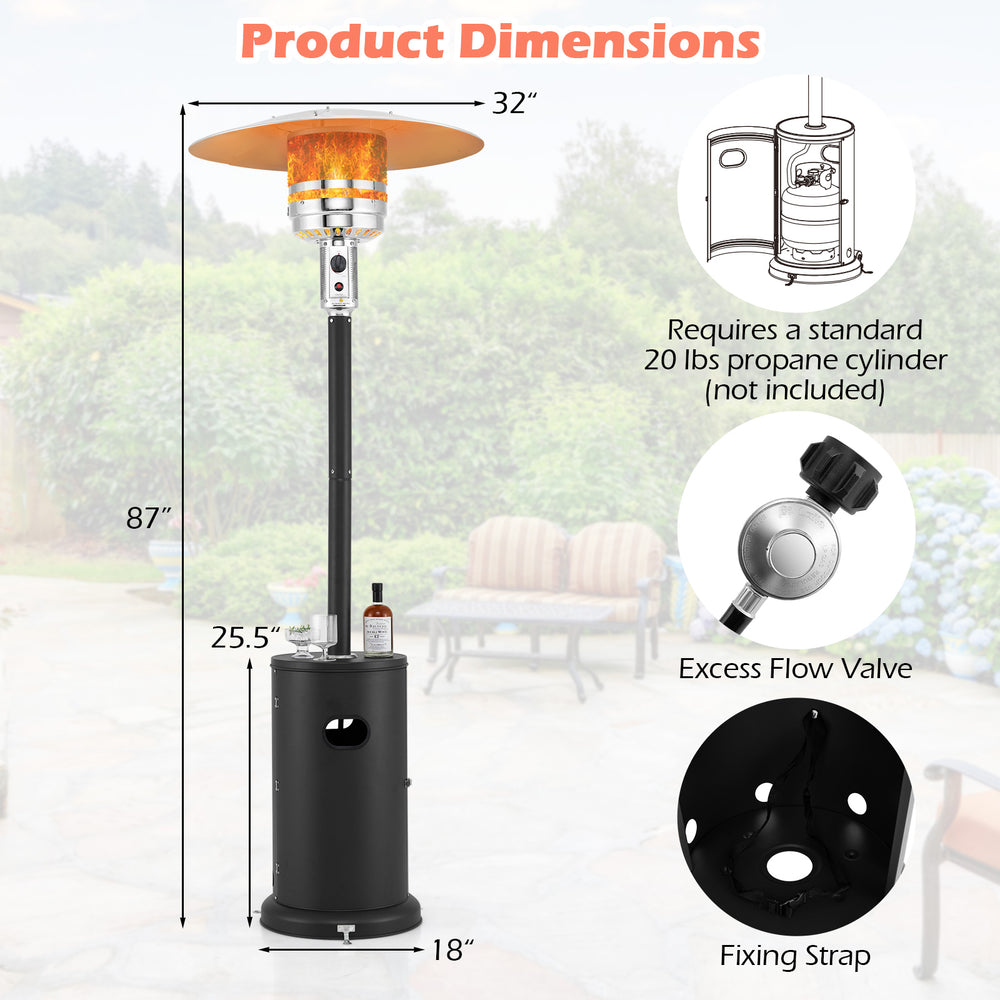 50000 BTU propane patio heater with round table design, black, featuring adjustable temperature control and safety.