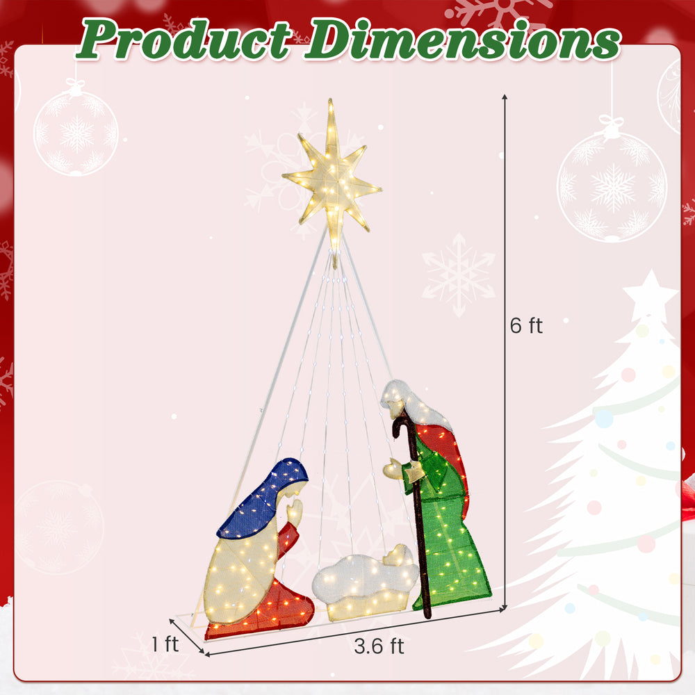 Lighted nativity scene featuring Jesus, Mary, and Joseph, 6 ft tall with 240 LED lights for festive outdoor decoration.