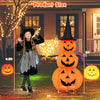 Lighted stacked pumpkins Halloween decoration with witch hat, 5 feet tall, ideal for yard and porch use.