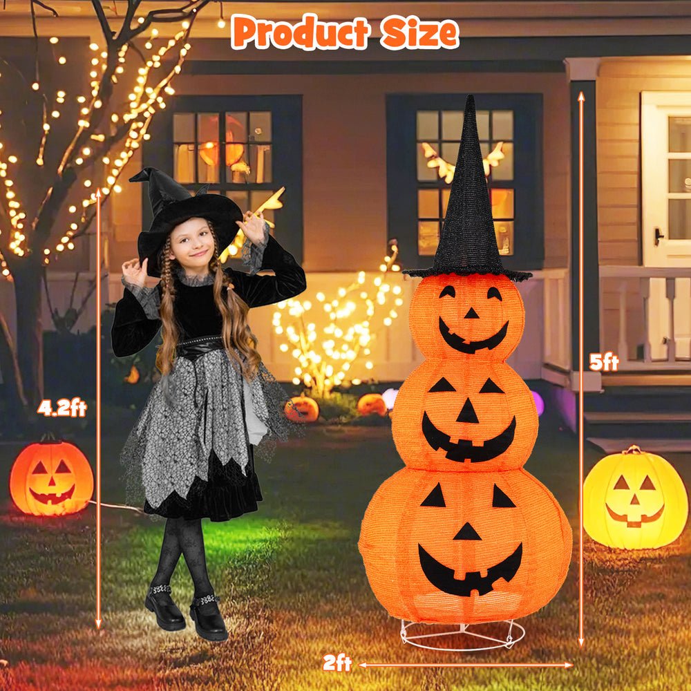 Lighted stacked pumpkins Halloween decoration with witch hat, 5 feet tall, ideal for yard and porch use.