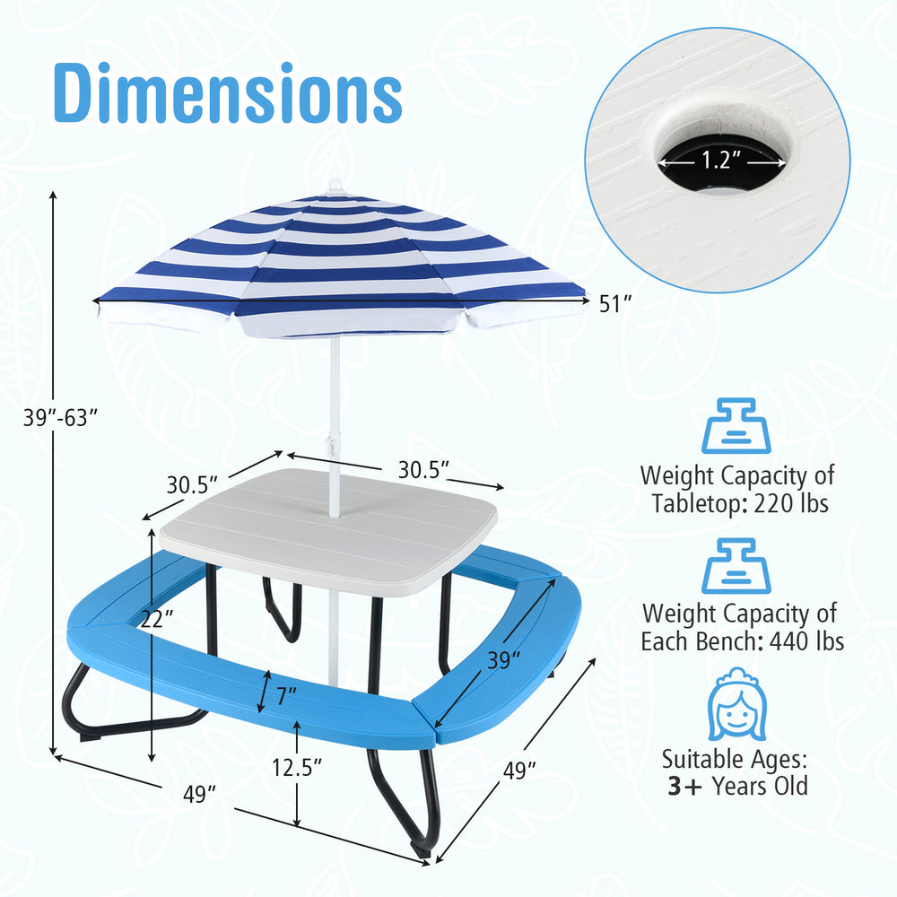 Toddler outdoor activity table with adjustable umbrella, made of weather-resistant HDPE, suitable for up to 8 kids.