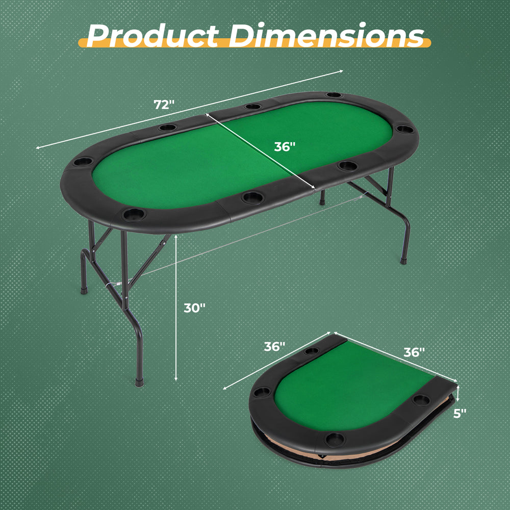 Dimensions of the 8 Players Texas Holdem Foldable Poker Table, featuring a green felt surface and compact folding.