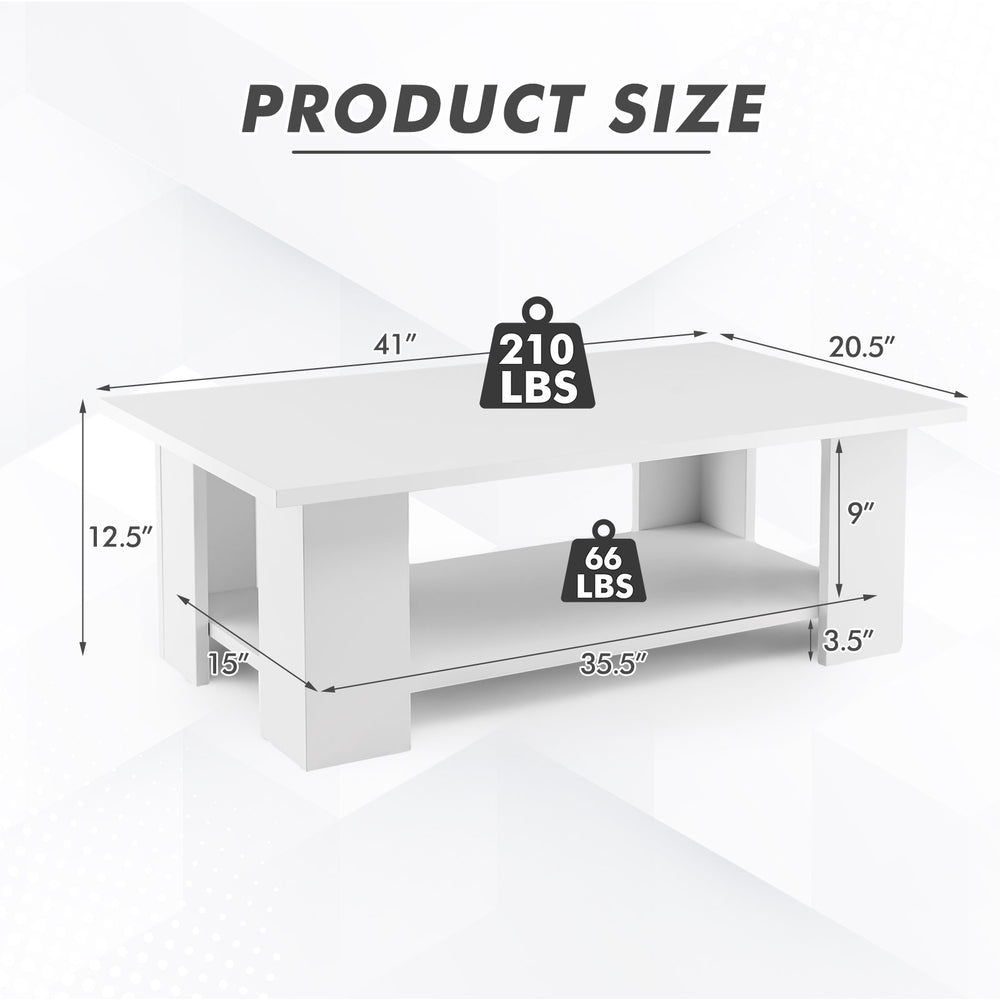 Dimensions of the Large 36 Inch 2-Tier Wooden Coffee Table with Storage Shelf, featuring a white finish and sturdy.