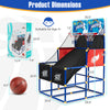 Kids arcade basketball game set dimensions with sturdy PVC tubes, includes 4 basketballs and pump for indoor/outdoor.
