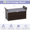 Outdoor bench with hand-woven PE rattan, gray cushion, and storage space, seats 2 for versatile outdoor use.