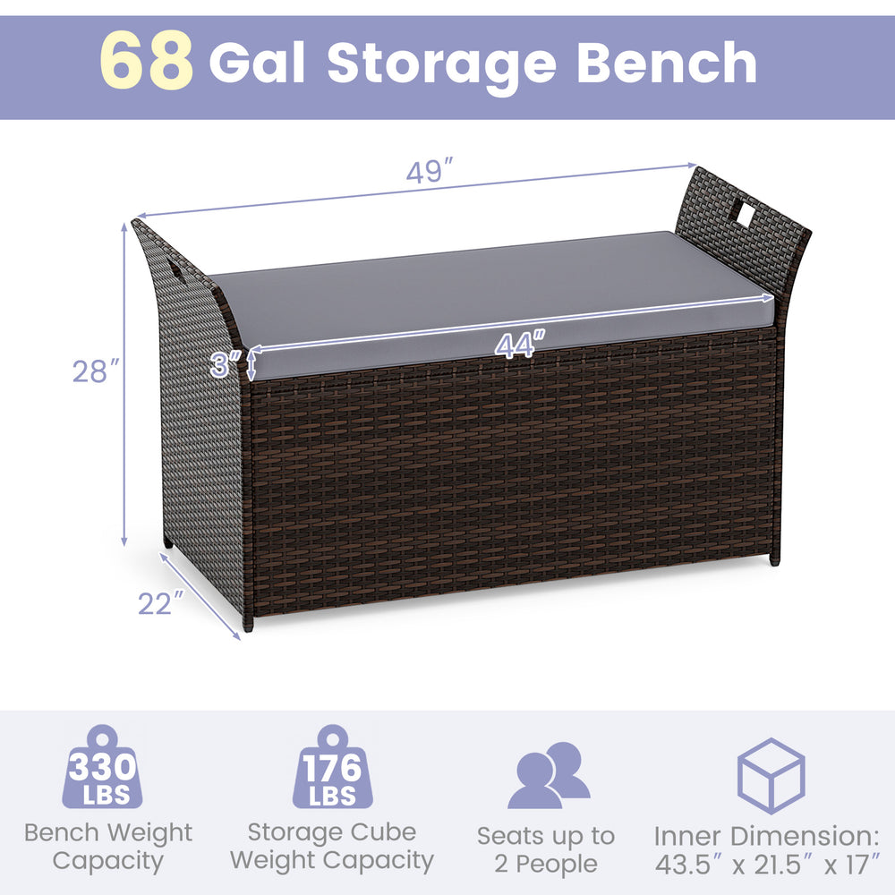 Outdoor bench with hand-woven PE rattan, gray cushion, and storage space, seats 2 for versatile outdoor use.