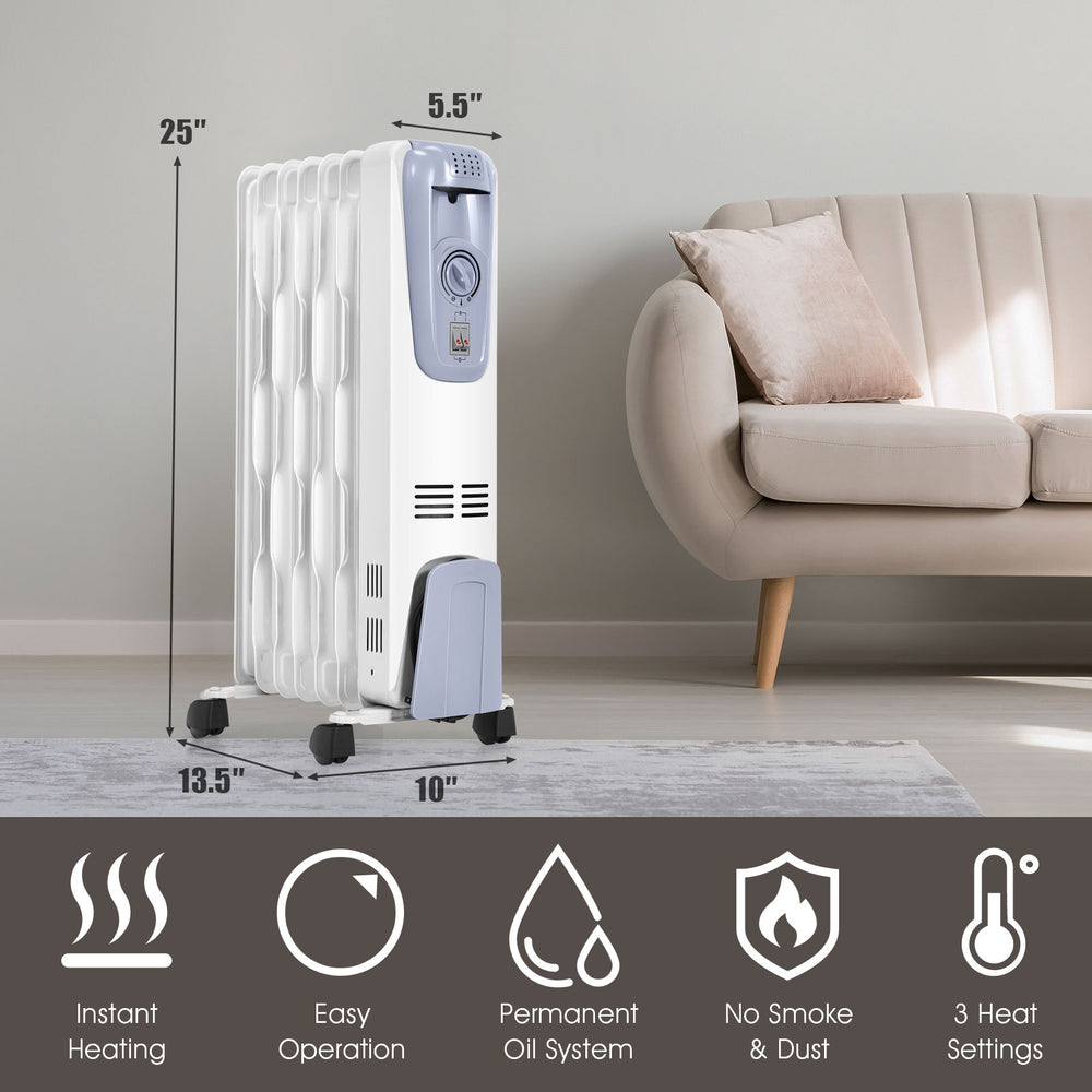 1500W oil-filled radiator heater with adjustable thermostat, 3 heat settings, and 4 wheels for easy movement in any.