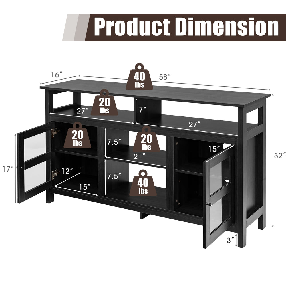 Dimensions of the 58-inch black TV stand with 2 cabinets, showcasing ample storage and cable management features.