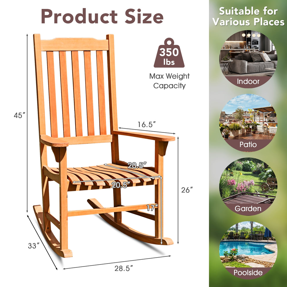Single outdoor rocking chair made of premium eucalyptus wood, featuring a contoured seat and high back for patio.