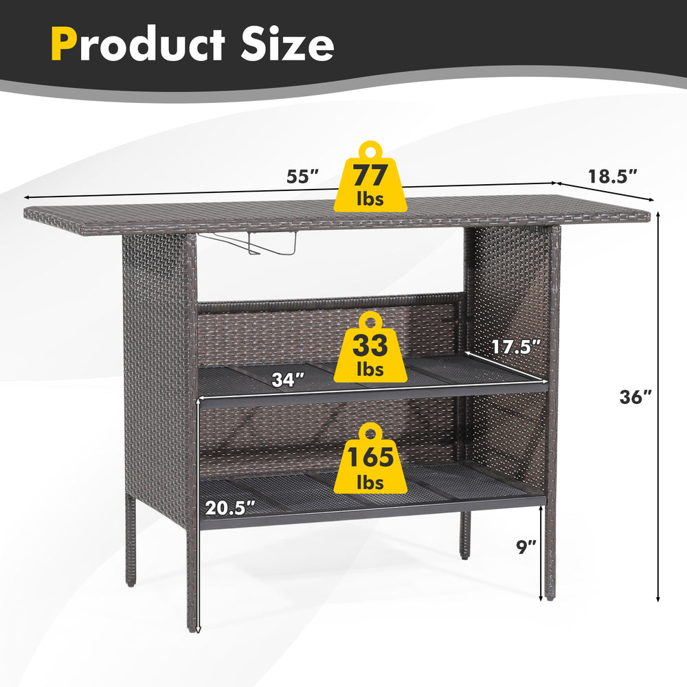 Outdoor wicker bar table with two metal mesh shelves, measuring 55"x18.5"x36", ideal for backyard or poolside use.