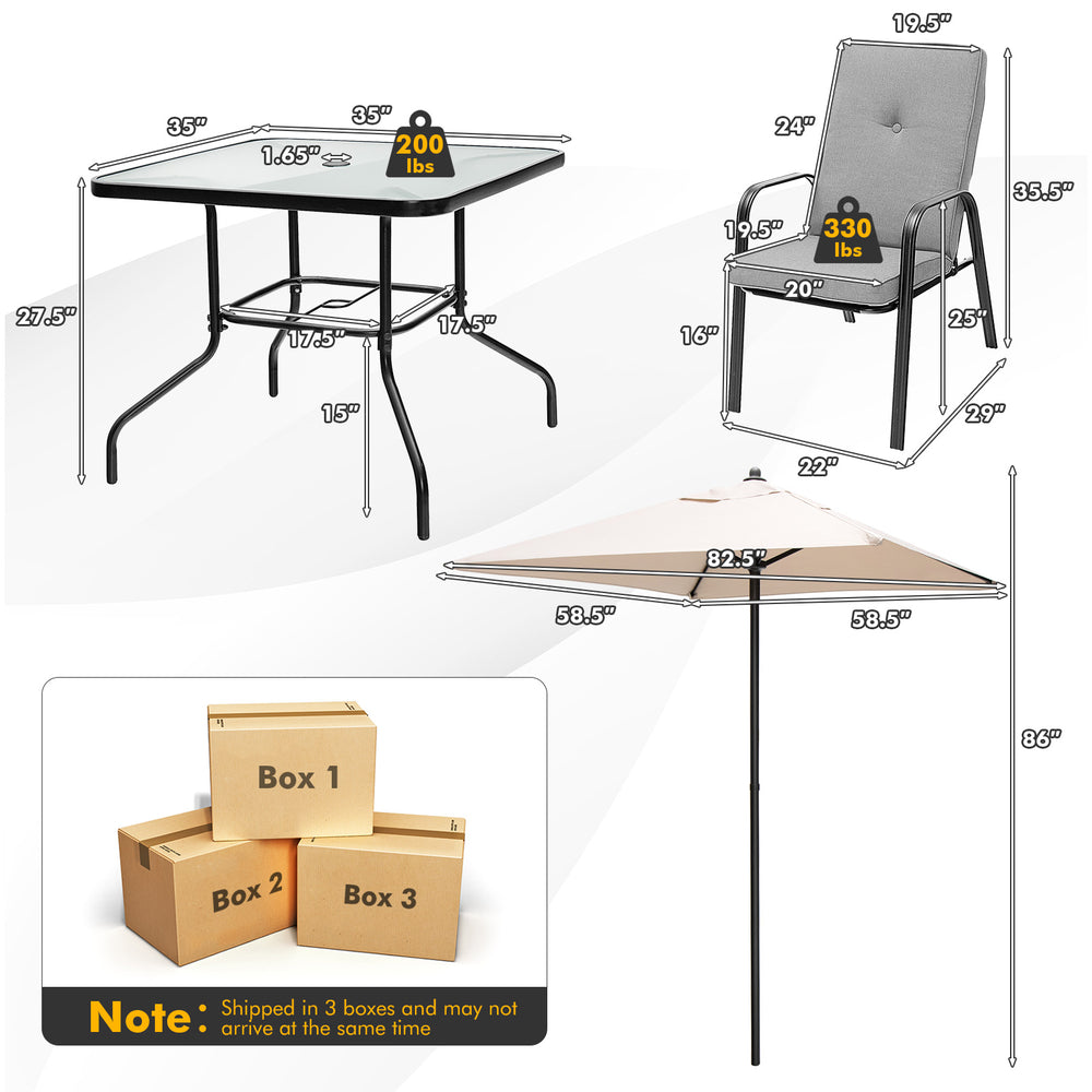 Patio dining set featuring a tempered glass table, stackable cushioned chairs, and an umbrella for outdoor comfort.