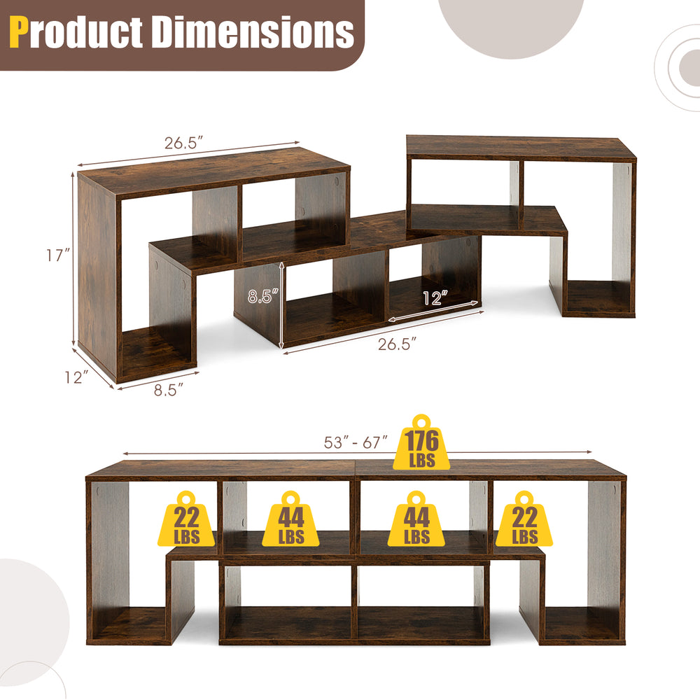 L-shaped and rectangular shelves of the brown console TV stand, designed for TVs up to 65 inches, with spacious storage.