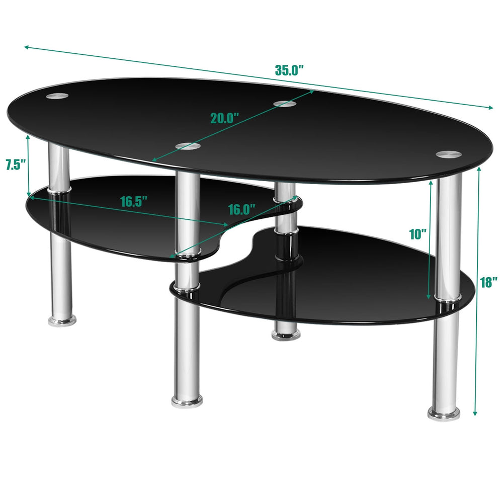 Black oval coffee table with tempered glass top and sleek chrome legs, featuring two shelves for added storage.