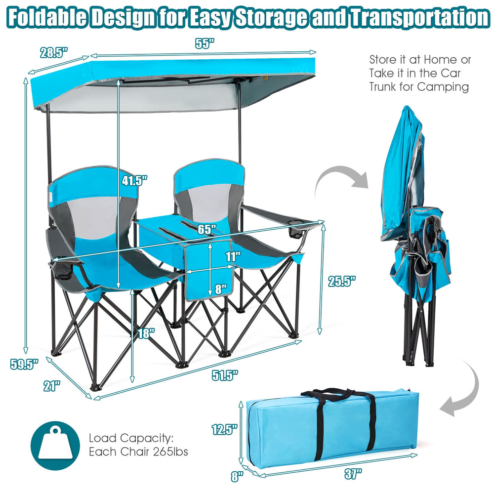 Portable folding camping canopy chairs in blue with cup holder, featuring a sturdy frame and adjustable sunshade for.