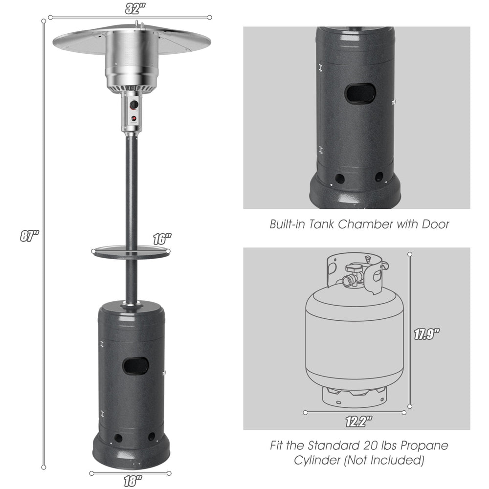 Gray outdoor propane heater with table and wheels, 87" tall, designed for efficient heating and safety features.