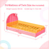 Wood upholstered twin bed platform in pink with smooth arc edges, featuring dimensions for easy assembly and safe.