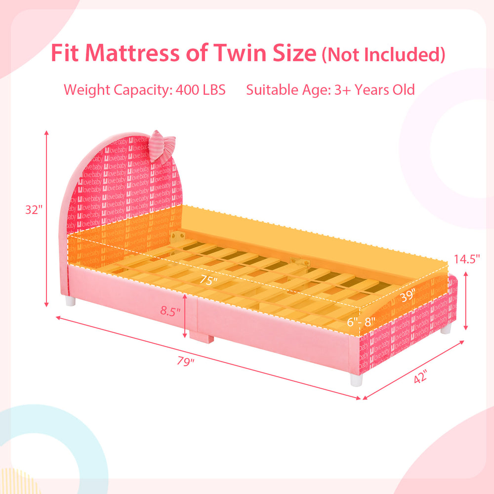 Wood upholstered twin bed platform in pink with smooth arc edges, featuring dimensions for easy assembly and safe.