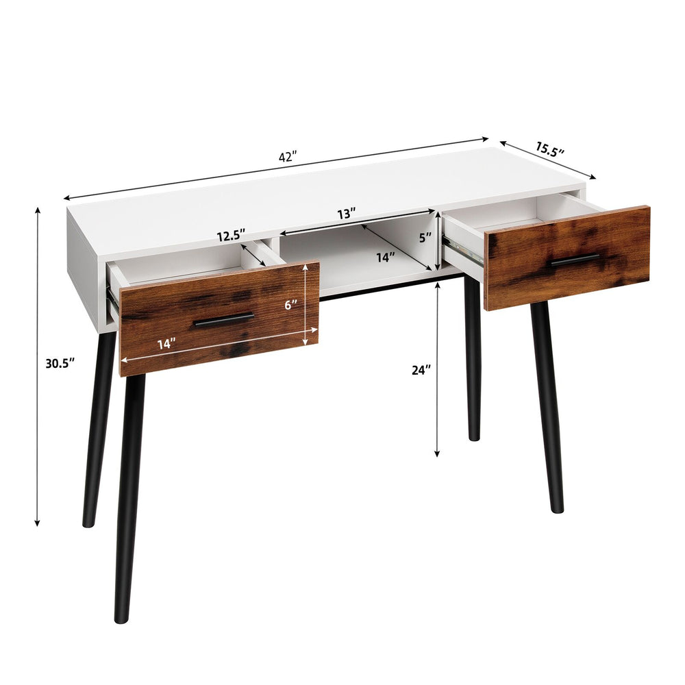 42-inch industrial console table with two drawers, MDF and metal construction, ideal for entryway storage and display.