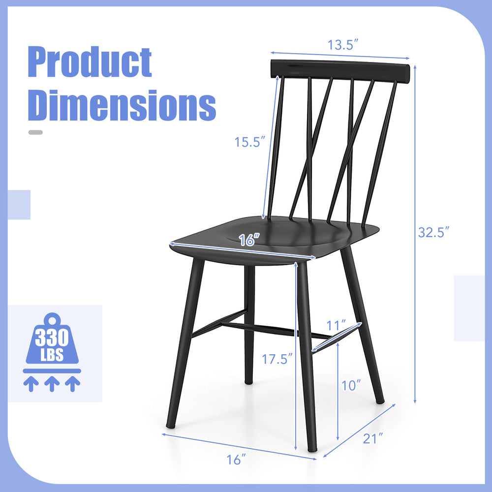 Modern dining chair dimensions showing ergonomic design, sturdy steel material, and weight capacity of 330 lbs.