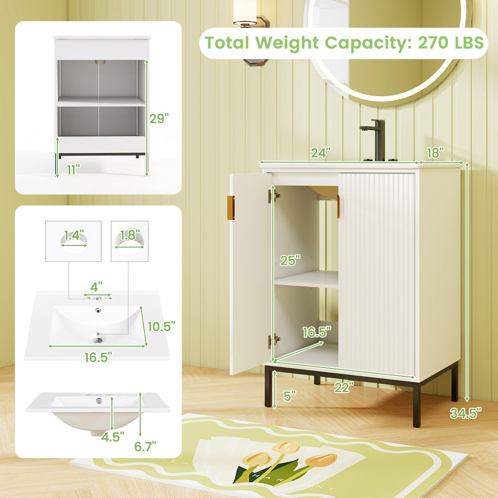24-inch white bathroom vanity with sink combo, adjustable shelf, and sturdy metal legs for stylish storage solutions.