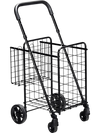 Folding black shopping cart with adjustable handle, featuring two baskets for easy storage and transport.