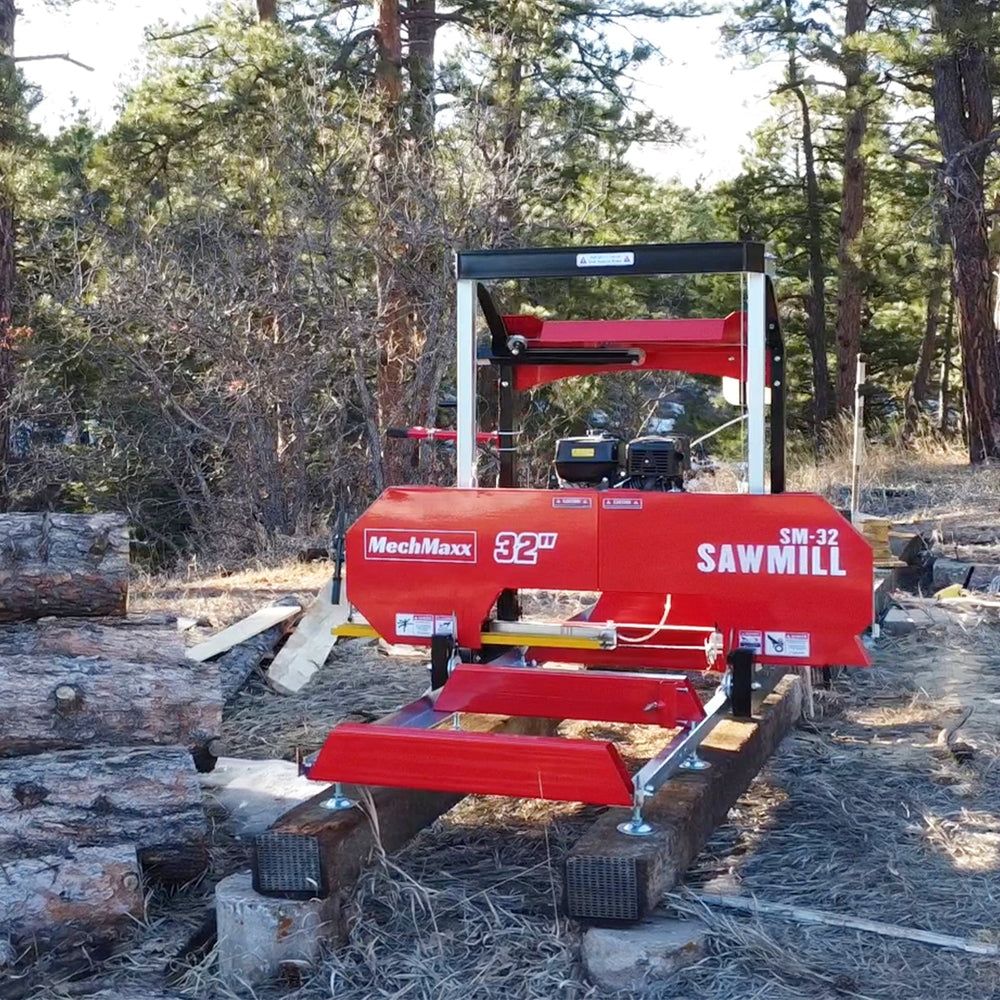 32" Portable Sawmill (5 x Blades Included),   KOHLER CH440 429cc E-Start Gasoline Engine,  26.5" Board Width,  20' Track Length (13' Track Length + 6.4' Track Extension Included) ,  SM-32