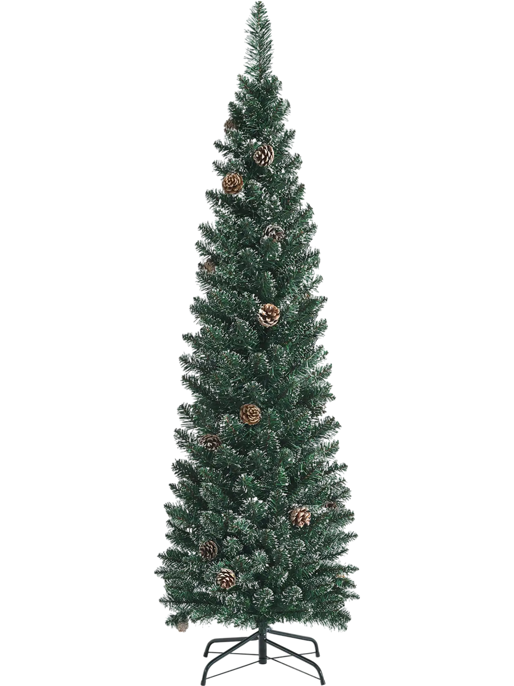 Snowy 5 ft artificial pencil Christmas tree with pine cones, slim design for space-saving holiday decoration.