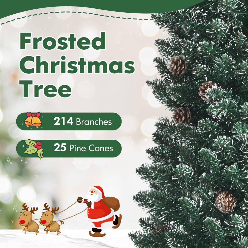 Snowy artificial pencil Christmas tree with 214 branches and 25 pine cones, perfect for festive home decoration.