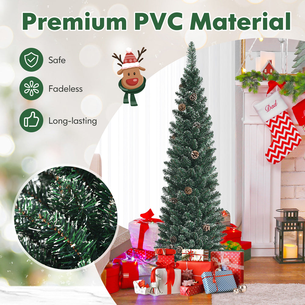 Snowy 5 ft artificial pencil Christmas tree with pine cones, made of premium PVC, perfect for festive decoration.