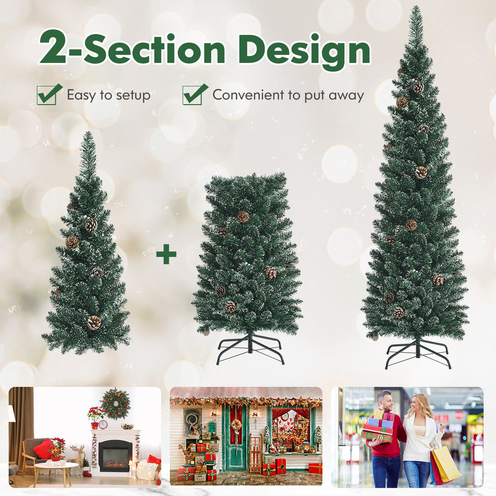 Snowy artificial pencil Christmas tree with pine cones, 5 ft tall, features a slim design for space-saving holiday.