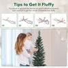 Snowy artificial pencil Christmas tree with pine cones, showcasing tips for fluffing branches for festive decoration.