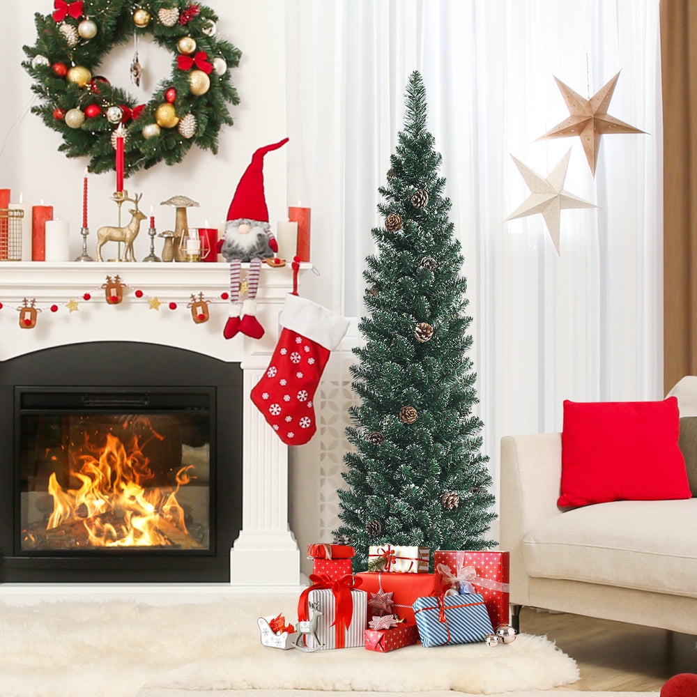 Snowy 5 ft artificial pencil Christmas tree with pine cones, perfect for festive decoration in small spaces.