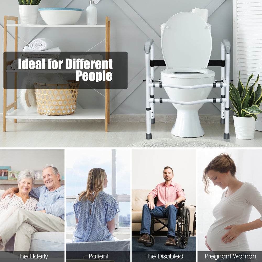 Steel safety toilet rail with adjustable height and width, designed for the elderly and disabled for easy bathroom.