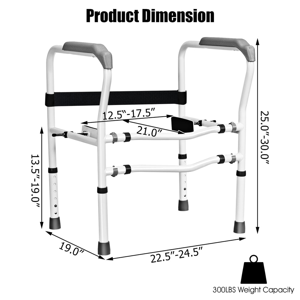 Adjustable steel safety toilet rail with soft armrests, 300lbs capacity, designed for easy use by elderly and disabled.