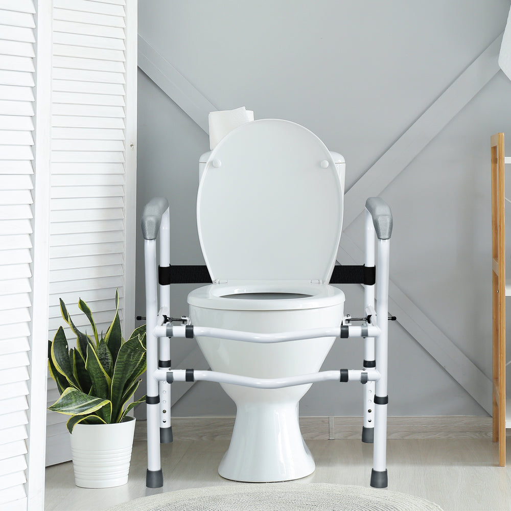Steel safety toilet rail with soft armrests and 360° rotating clamps, ideal for elderly and disabled users for easy.
