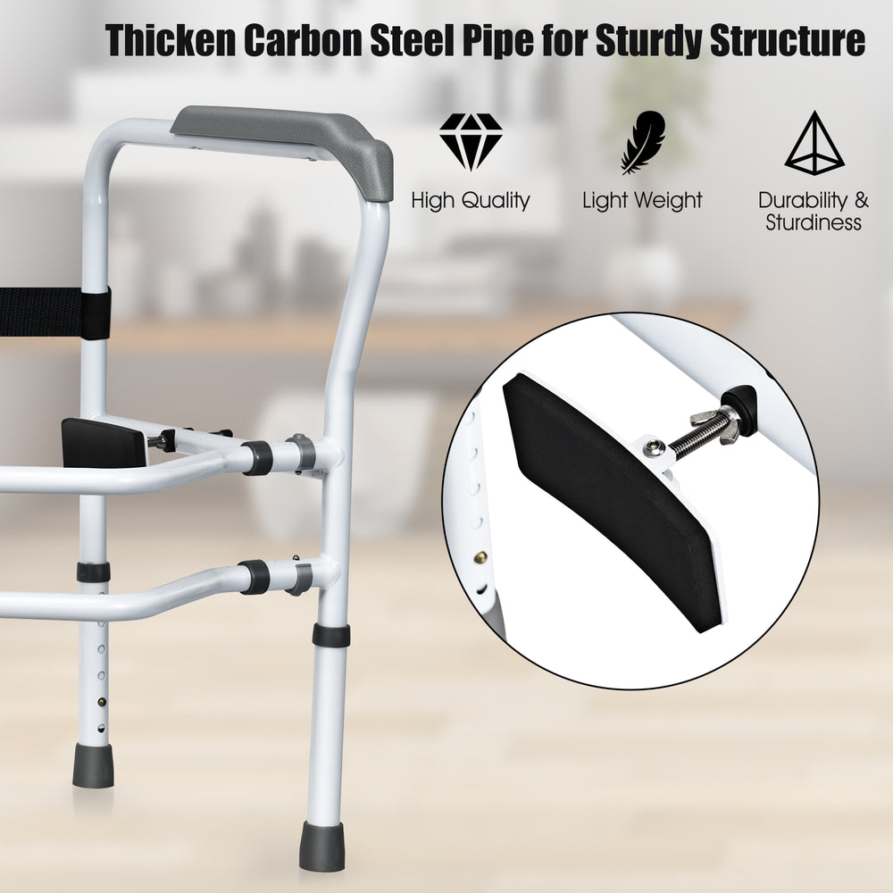 Steel safety toilet rail featuring a sturdy carbon steel frame and adjustable clamps for easy installation and support.