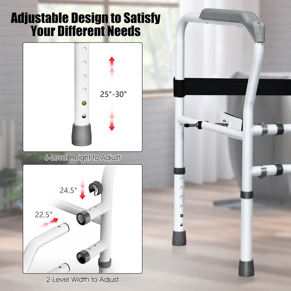 Adjustable steel safety toilet rail with 6-level height and 2-level width for versatile support and easy installation.