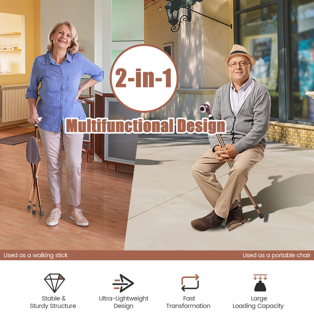 Lightweight adjustable folding cane seat in light-brown, featuring a stable structure and ergonomic handle for comfort.