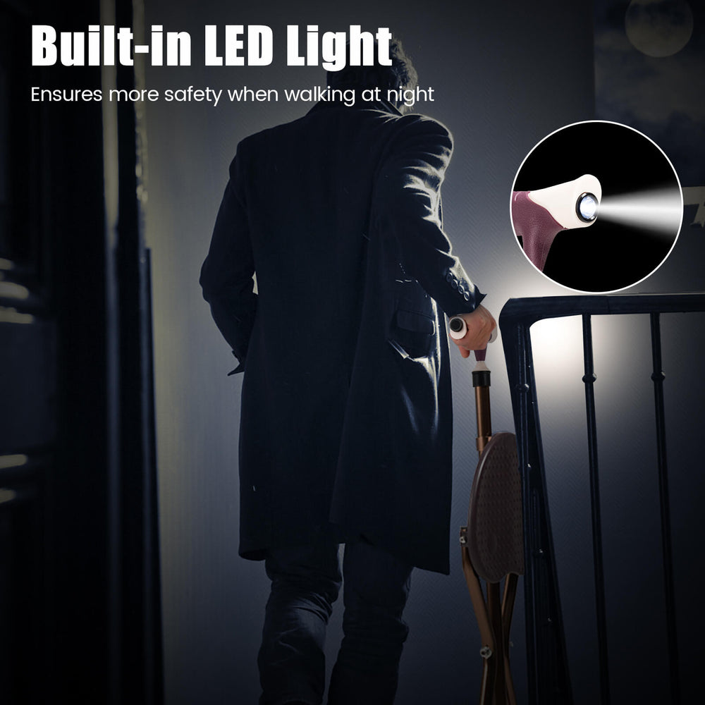 Lightweight adjustable folding cane seat with built-in LED light for safe nighttime walking and ergonomic comfort.