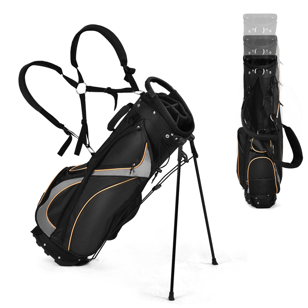 Golf stand bag with 7-way divider, adjustable straps, and multiple pockets for accessories and gear storage.
