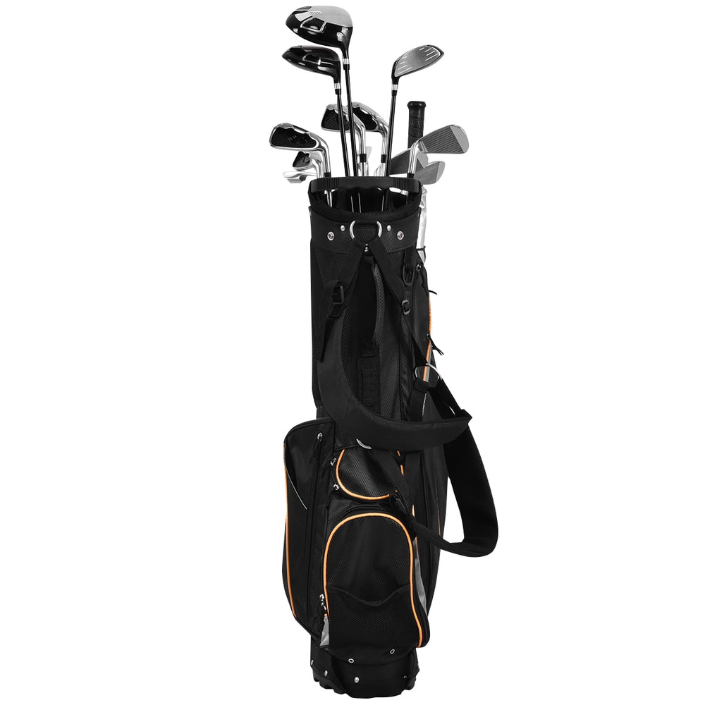 9-inch golf stand bag with 7-way divider, multiple pockets, and padded straps for comfortable carrying.