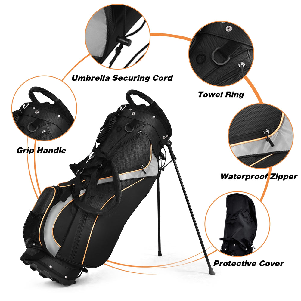 Golf stand bag with 7-way divider, waterproof zipper, and multiple pockets for secure storage and easy carrying.