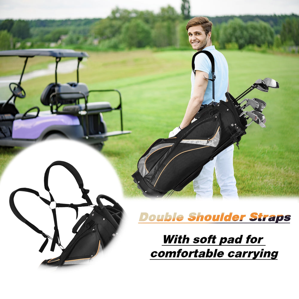 Golf stand bag with double shoulder straps and soft pad for comfortable carrying, featuring 7 pockets for storage.