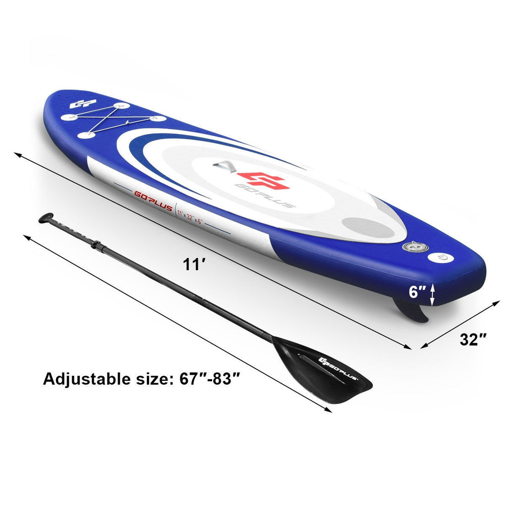 11-foot inflatable stand-up paddle board with adjustable paddle, ideal for surfing, yoga, and fishing activities.