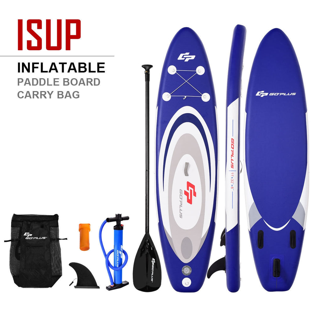 Adjustable 11' inflatable paddle board in blue with carry bag, paddle, fin, and pump for versatile water activities.