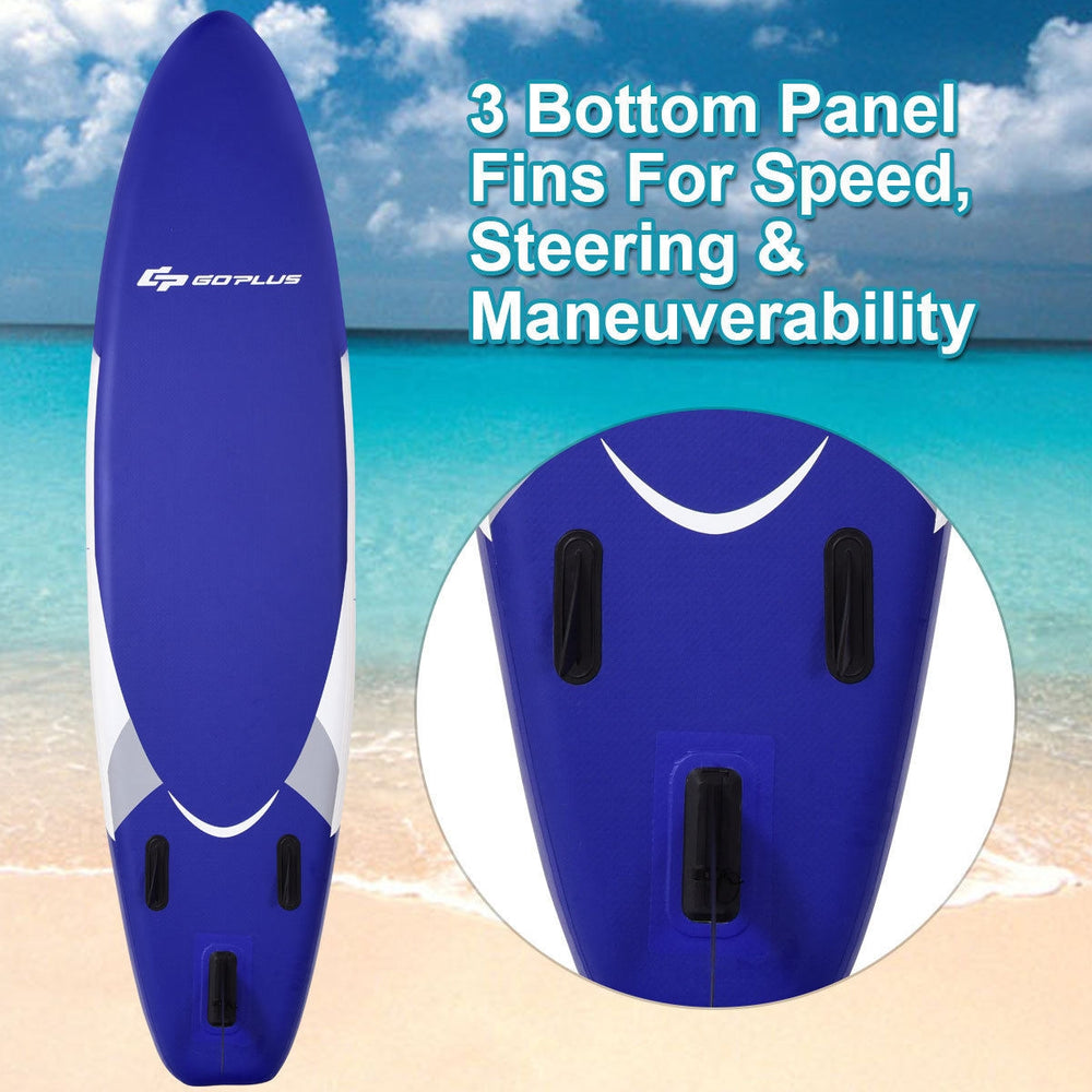 11-foot inflatable stand-up paddleboard with three bottom fins for speed and maneuverability, ideal for various water.