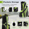 Golf stand cart bag in green with 6-way divider, 7 pockets, and adjustable straps for easy carrying on the course.
